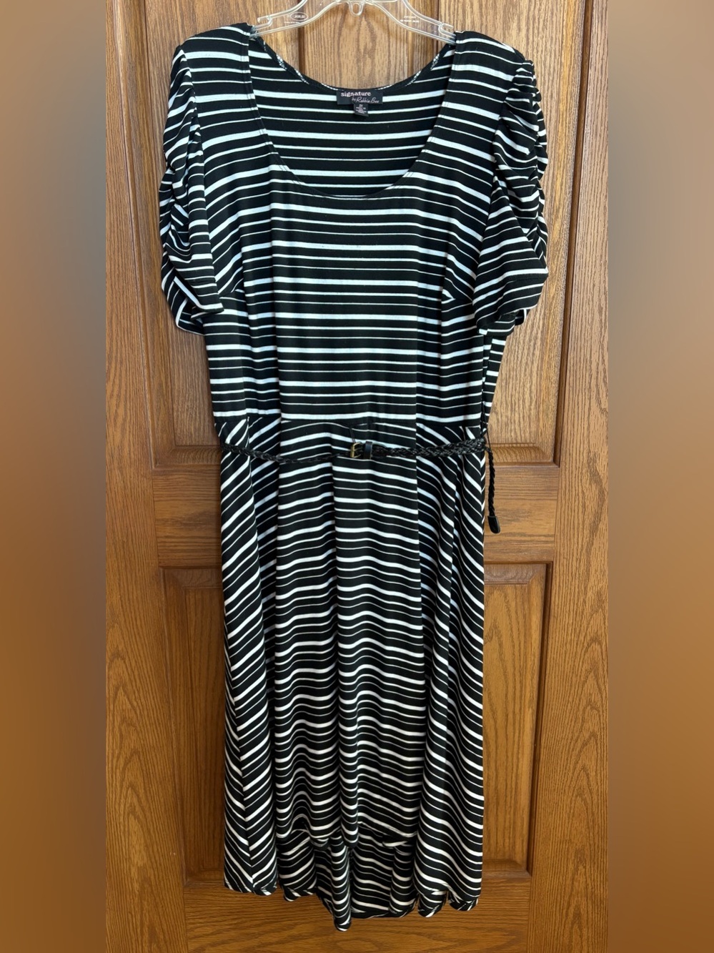 Signature by Robbie Bee Black & White Striped Midi Dress with Waist Tie